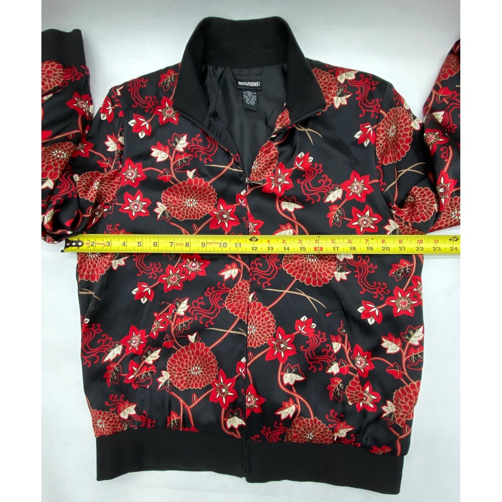 Notations Silk Bomber Jacket Womens Large Black Red Floral Chrysanthemum Zip Up - Picture 6 of 7